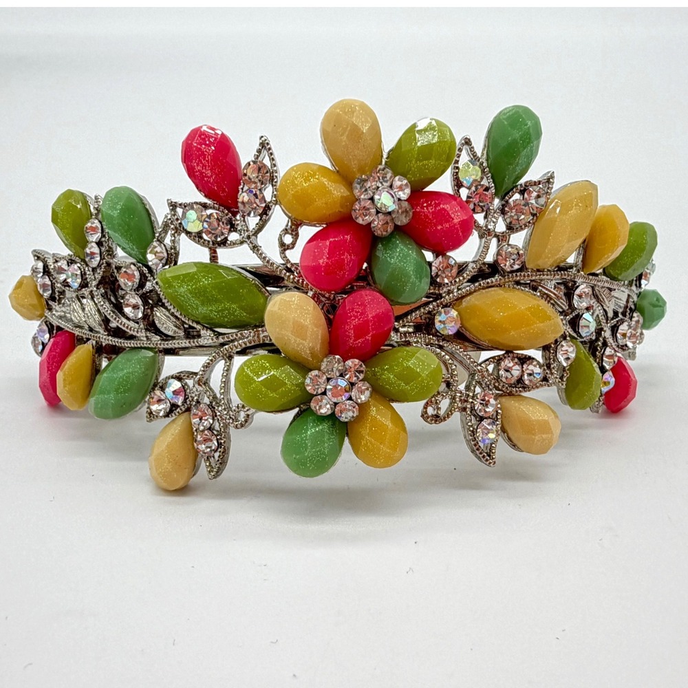 Vintage Floral Rhinestone Hair Barrette Pink Green Yellow Statement Clip